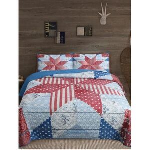 Americana Liberty Star Vintage Look Queen Quilt Set Patriotic Red White Blue